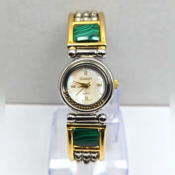 Vintage Cassant Quartz Watch Green Malachite Style Accents New Battery Two Tone - Picture 1 of 10